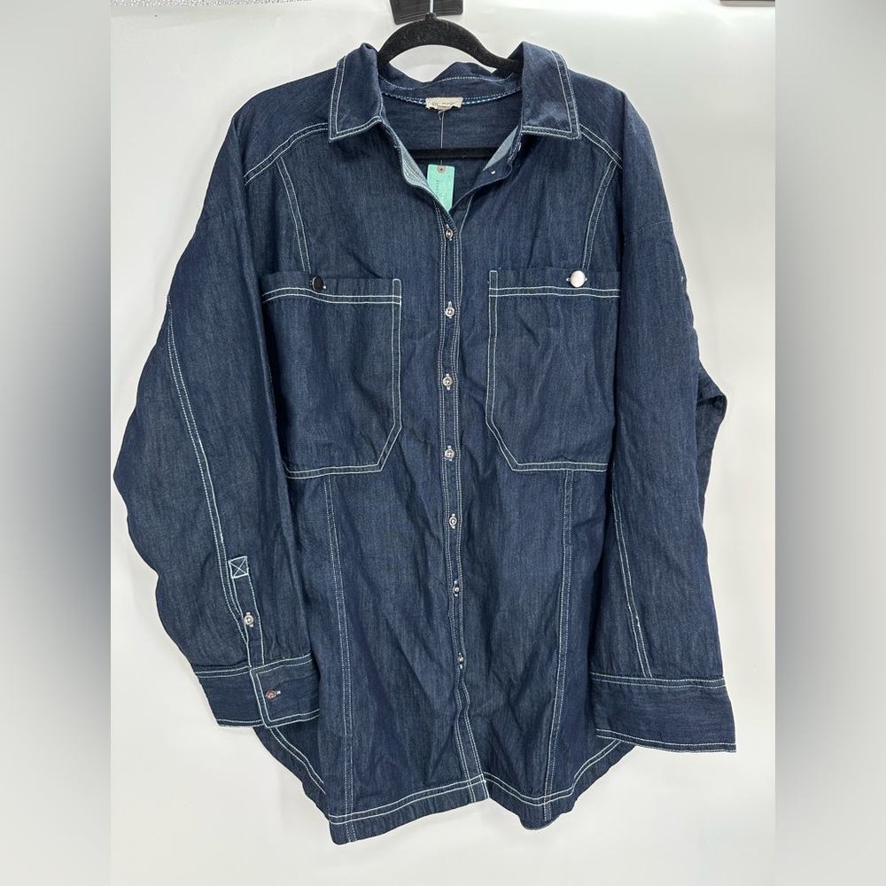 Anthropologie Dark Navy Button-Down Shirt with Contrast White Stitching - Picture 5 of 10